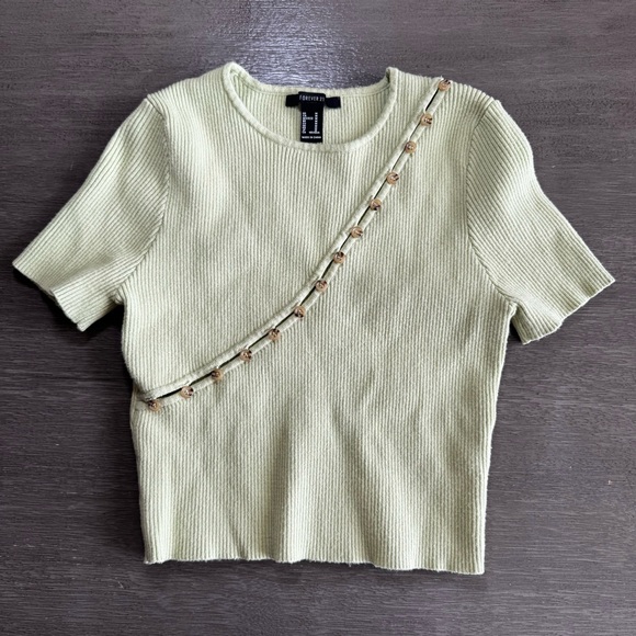 Knit Ribbed Short Sleeve Green Button Cut Out Sweater M - Picture 2 of 10